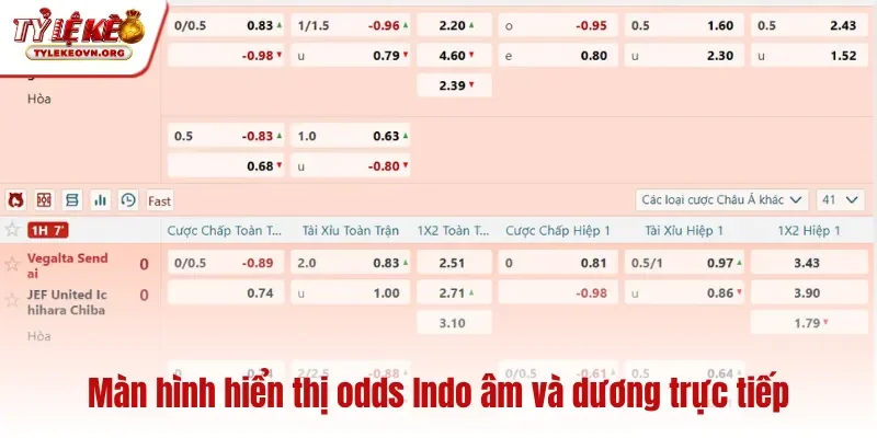 Màn hình hiển thị odds indo âm và dương